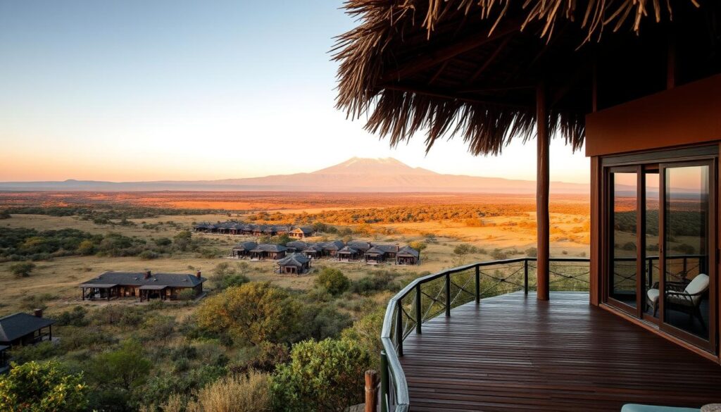A breathtaking panorama of rustic safari lodges nestled amidst the lush, rolling savannas of East Africa. In the foreground, a luxurious thatched-roof bungalow with a wraparound deck and floor-to-ceiling windows, inviting guests to immerse themselves in the wilderness. In the middle ground, a cluster of lodges constructed with local materials, seamlessly blending into the natural landscape. In the background, a hazy silhouette of the majestic Kilimanjaro mountain range, its snow-capped peak catching the warm glow of the golden hour. The scene is bathed in soft, diffused lighting, creating a serene and tranquil atmosphere, perfect for a safari getaway. A breathtaking panorama of rustic safari lodges nestled amidst the lush, rolling savannas of East Africa. In the foreground, a luxurious thatched-roof bungalow with a wraparound deck and floor-to-ceiling windows, inviting guests to immerse themselves in the wilderness. In the middle ground, a cluster of lodges constructed with local materials, seamlessly blending into the natural landscape. In the background, a hazy silhouette of the majestic Kilimanjaro mountain range, its snow-capped peak catching the warm glow of the golden hour. The scene is bathed in soft, diffused lighting, creating a serene and tranquil atmosphere, perfect for a safari getaway.