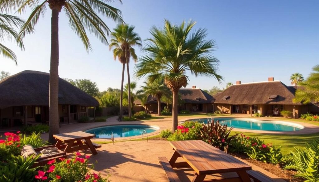 A cozy family-friendly resort nestled in the lush African landscape, surrounded by towering palm trees and vibrant flora. In the foreground, a well-appointed patio with comfortable seating and a picnic table, inviting families to dine al fresco. In the middle ground, a sparkling swimming pool, its clear waters reflecting the warm, golden sunlight. In the background, traditional thatched-roof bungalows, their earthy tones blending seamlessly with the natural environment. The scene exudes a sense of tranquility and adventure, perfectly capturing the essence of family-friendly accommodations in Africa. A cozy family-friendly resort nestled in the lush African landscape, surrounded by towering palm trees and vibrant flora. In the foreground, a well-appointed patio with comfortable seating and a picnic table, inviting families to dine al fresco. In the middle ground, a sparkling swimming pool, its clear waters reflecting the warm, golden sunlight. In the background, traditional thatched-roof bungalows, their earthy tones blending seamlessly with the natural environment. The scene exudes a sense of tranquility and adventure, perfectly capturing the essence of family-friendly accommodations in Africa.