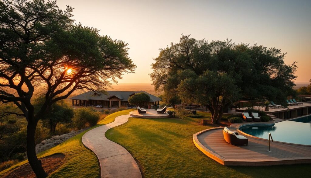A lush, panoramic view of a luxury safari lodge nestled in the heart of the African wilderness. The elegant main building stands tall, its thatched roof and warm, earthy tones blending seamlessly with the surrounding landscape. In the foreground, a winding pathway leads to a spacious outdoor lounge area, where guests can relax and take in the breathtaking vistas of the savanna. Mature acacia trees provide natural shade, while a shimmering infinity pool reflects the golden hues of the setting sun. The overall atmosphere exudes an air of refined sophistication and immersive connection with the natural world. A lush, panoramic view of a luxury safari lodge nestled in the heart of the African wilderness. The elegant main building stands tall, its thatched roof and warm, earthy tones blending seamlessly with the surrounding landscape. In the foreground, a winding pathway leads to a spacious outdoor lounge area, where guests can relax and take in the breathtaking vistas of the savanna. Mature acacia trees provide natural shade, while a shimmering infinity pool reflects the golden hues of the setting sun. The overall atmosphere exudes an air of refined sophistication and immersive connection with the natural world.