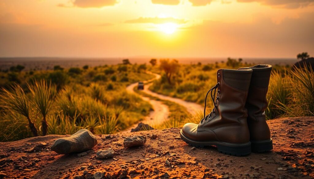 A pair of sturdy safari boots stand in the foreground, their rugged soles and leather uppers gleaming in the warm, golden sunlight. In the middle ground, a winding dirt path leads through a lush, verdant landscape dotted with tall, swaying grasses and the occasional acacia tree. The background is filled with a hazy, dramatic sky, painted with the rich, vibrant hues of an African sunset, casting a soft, dreamlike glow over the entire scene. A pair of sturdy safari boots stand in the foreground, their rugged soles and leather uppers gleaming in the warm, golden sunlight. In the middle ground, a winding dirt path leads through a lush, verdant landscape dotted with tall, swaying grasses and the occasional acacia tree. The background is filled with a hazy, dramatic sky, painted with the rich, vibrant hues of an African sunset, casting a soft, dreamlike glow over the entire scene.