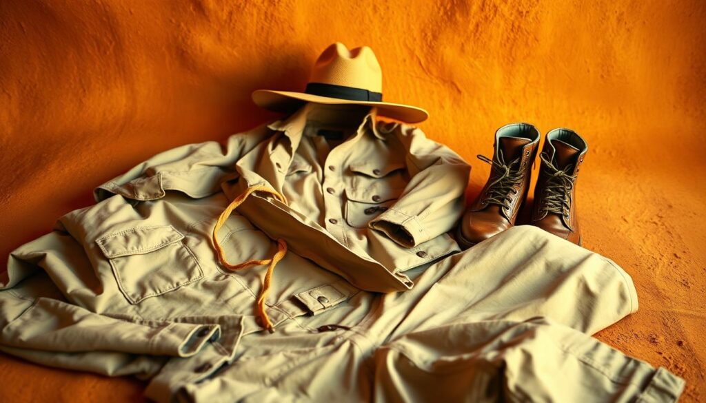 A safari-inspired outfit laid out against a warm, earthy backdrop. In the foreground, a khaki safari shirt and beige cargo pants are neatly folded, showcasing the versatile layers. In the middle ground, a lightweight windbreaker in a neutral tone sits alongside a wide-brimmed hat, ready to shield from the sun. In the background, a pair of sturdy, well-worn leather boots stand ready for the adventure ahead. The lighting is soft and natural, casting a golden glow that evokes the essence of an African safari. The overall composition conveys a sense of considered preparation and rugged exploration. A safari-inspired outfit laid out against a warm, earthy backdrop. In the foreground, a khaki safari shirt and beige cargo pants are neatly folded, showcasing the versatile layers. In the middle ground, a lightweight windbreaker in a neutral tone sits alongside a wide-brimmed hat, ready to shield from the sun. In the background, a pair of sturdy, well-worn leather boots stand ready for the adventure ahead. The lighting is soft and natural, casting a golden glow that evokes the essence of an African safari. The overall composition conveys a sense of considered preparation and rugged exploration.