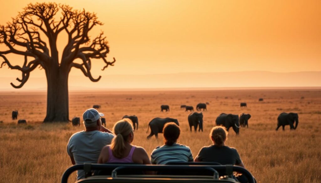 A safari jeep traversing a sprawling savanna landscape, with towering baobab trees silhouetted against a warm, golden sky. In the foreground, a group of travelers gazing in awe at the vast expanse of the African wilderness, their expressions filled with wonder and excitement. The midground features a herd of grazing elephants, their majestic forms casting long shadows across the tall grass. In the background, a distant horizon line, where the savanna meets the endless sky, creating a sense of limitless adventure. The scene is bathed in soft, diffused lighting, capturing the essence of a cost-effective group safari experience. A safari jeep traversing a sprawling savanna landscape, with towering baobab trees silhouetted against a warm, golden sky. In the foreground, a group of travelers gazing in awe at the vast expanse of the African wilderness, their expressions filled with wonder and excitement. The midground features a herd of grazing elephants, their majestic forms casting long shadows across the tall grass. In the background, a distant horizon line, where the savanna meets the endless sky, creating a sense of limitless adventure. The scene is bathed in soft, diffused lighting, capturing the essence of a cost-effective group safari experience.