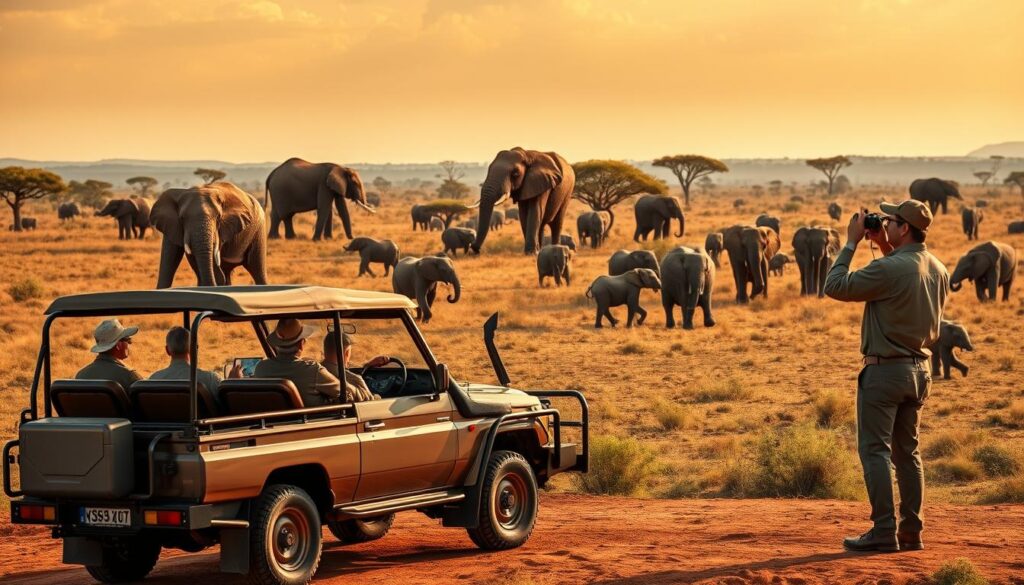 A sprawling African savanna, with towering acacia trees and a herd of grazing elephants in the distance. In the foreground, a luxury safari vehicle sits on a dusty path, its gleaming chrome and leather accents reflecting the warm, golden sunlight. The passengers, dressed in safari attire, gaze out with wonder at the vast, untamed landscape. A skilled guide stands nearby, binoculars in hand, ready to lead the group on an immersive exploration of the wild. The scene exudes a sense of adventure, exclusivity, and the promise of unforgettable experiences, all captured through a cinematic, wide-angle lens.
