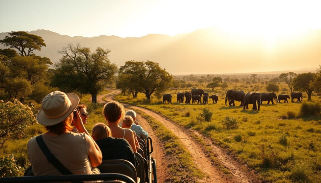 A sun-dappled safari vehicle navigating a winding dirt path through a lush, verdant landscape. In the foreground, a group of well-dressed travelers enjoying the view, their expressions conveying a sense of adventure and relaxation. In the middle ground, towering acacia trees and a herd of grazing elephants. The background features a dramatic mountain range bathed in warm, golden light. The scene is captured with a wide-angle lens, creating a sense of immersion and scale. The overall mood is one of effortless luxury, where every logistical detail has been carefully attended to, allowing the travelers to fully immerse themselves in the beauty of the African wilderness. A sun-dappled safari vehicle navigating a winding dirt path through a lush, verdant landscape. In the foreground, a group of well-dressed travelers enjoying the view, their expressions conveying a sense of adventure and relaxation. In the middle ground, towering acacia trees and a herd of grazing elephants. The background features a dramatic mountain range bathed in warm, golden light. The scene is captured with a wide-angle lens, creating a sense of immersion and scale. The overall mood is one of effortless luxury, where every logistical detail has been carefully attended to, allowing the travelers to fully immerse themselves in the beauty of the African wilderness.