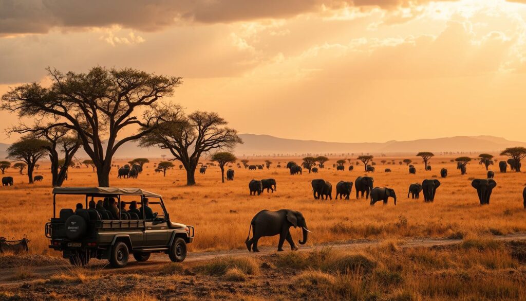 A vast African savanna unfolds, dotted with towering acacia trees and a herd of majestic elephants roaming through the golden grass. In the middle ground, a safari Jeep navigates the rugged terrain, its passengers gazing in awe at the magnificent beasts. Overhead, a dramatic cloudy sky casts a warm, golden light upon the scene, creating a sense of adventure and wonder. The image captures the essence of an authentic wildlife safari, where the power and beauty of nature are on full display, inviting the viewer to experience the thrill and potential risks of exploring the untamed landscapes of Africa.