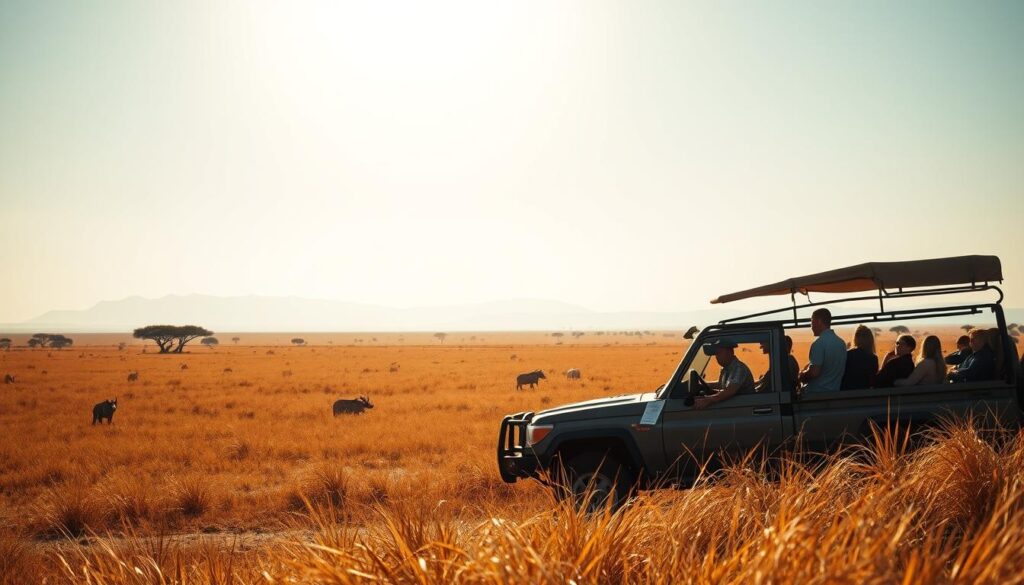 A vast savanna landscape stretches before the viewer, golden grasses swaying beneath a warm, sun-dappled sky. In the foreground, a group of safari-clad travelers gaze intently at a map, planning their journey through the untamed wilderness. Their safari jeep, parked nearby, is ready to embark on an adventure. In the middle ground, majestic silhouettes of acacia trees dot the horizon, hinting at the diverse wildlife that inhabits this stunning African ecosystem. The background features distant mountain ranges, their peaks capped with a soft, ethereal light, creating a sense of scale and grandeur. The overall mood is one of anticipation, excitement, and a deep connection to the natural world. A vast savanna landscape stretches before the viewer, golden grasses swaying beneath a warm, sun-dappled sky. In the foreground, a group of safari-clad travelers gaze intently at a map, planning their journey through the untamed wilderness. Their safari jeep, parked nearby, is ready to embark on an adventure. In the middle ground, majestic silhouettes of acacia trees dot the horizon, hinting at the diverse wildlife that inhabits this stunning African ecosystem. The background features distant mountain ranges, their peaks capped with a soft, ethereal light, creating a sense of scale and grandeur. The overall mood is one of anticipation, excitement, and a deep connection to the natural world.